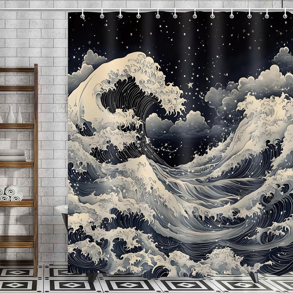 Japanese Anime Shower Curtain, Oriental Asian Funny Sea Waves Retro Clouds Stars Bathroom Curtains Decor Set, Black White