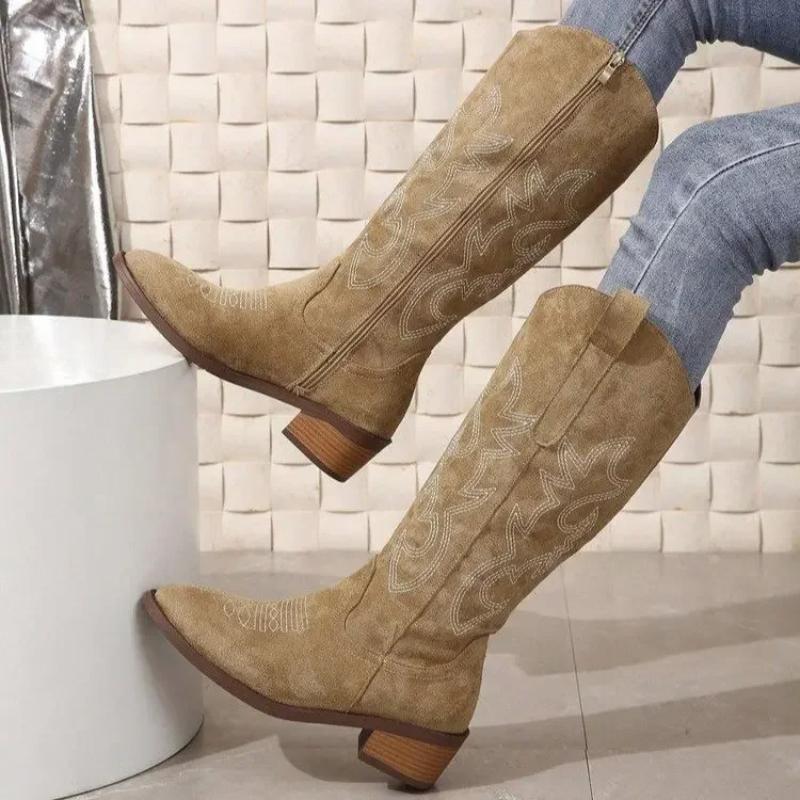 Spring and Autumn Winter New Coarse Heel Look Thin Tall Long Boots Not Over Knee Embroidered Retro Western Cowboy Boots