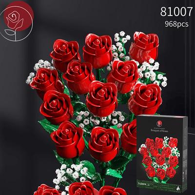 968PC Romantic Rose Flower Bouquet Building Blocks Creative Home Desk Plant Decoration Mount Brick Toy For Gifts Girl Lady