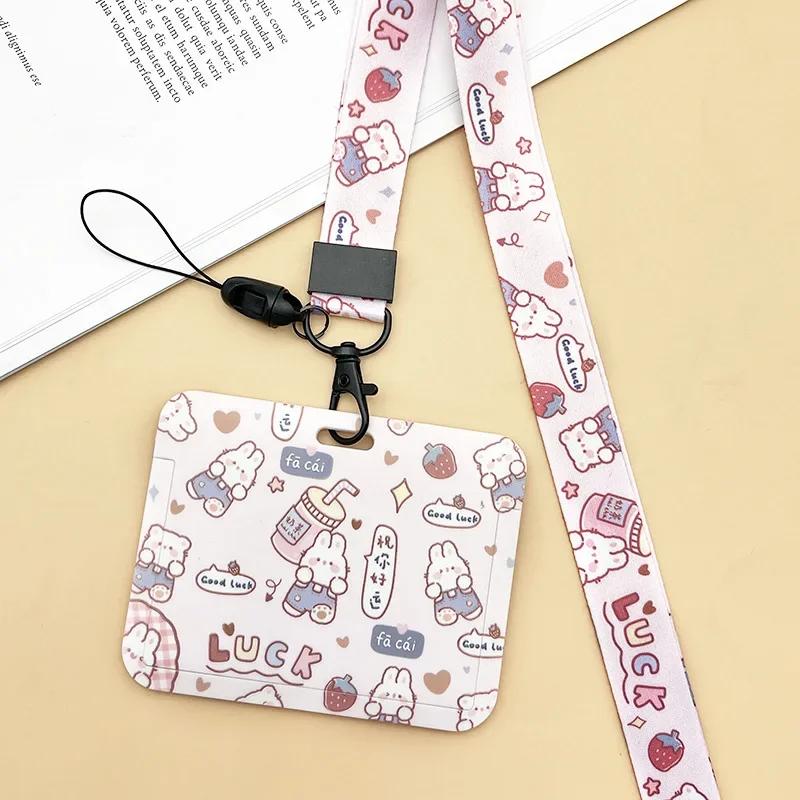 Horizontal Cute Cartoon Push Pull Card Covers Bus Card Sleeve Game Cards Case Credit Card Holder Lanyard Work Permit Holder