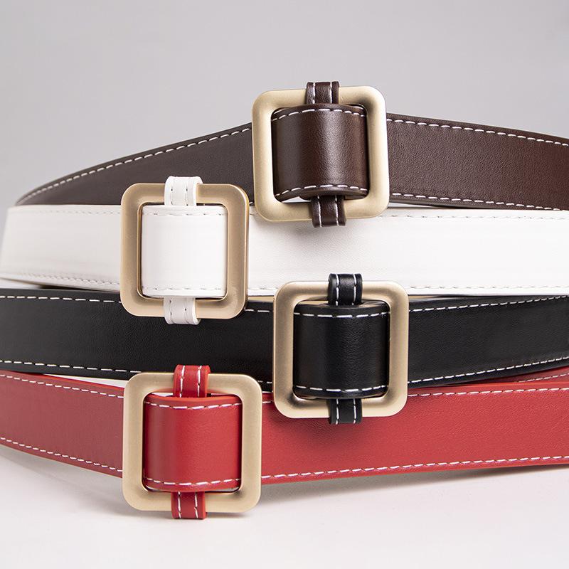Women'S Rose Gold Square Buckle Day Buckle Black Belt Basic Thick Line Textured Women'S Belt