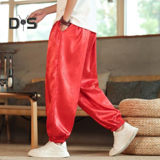 Herren Freizeithose mit Ethno-Vintage-Print, elastischer Bund, Multi-Pocket-Design, Sporthose, Pumphose, Alltagskleidung