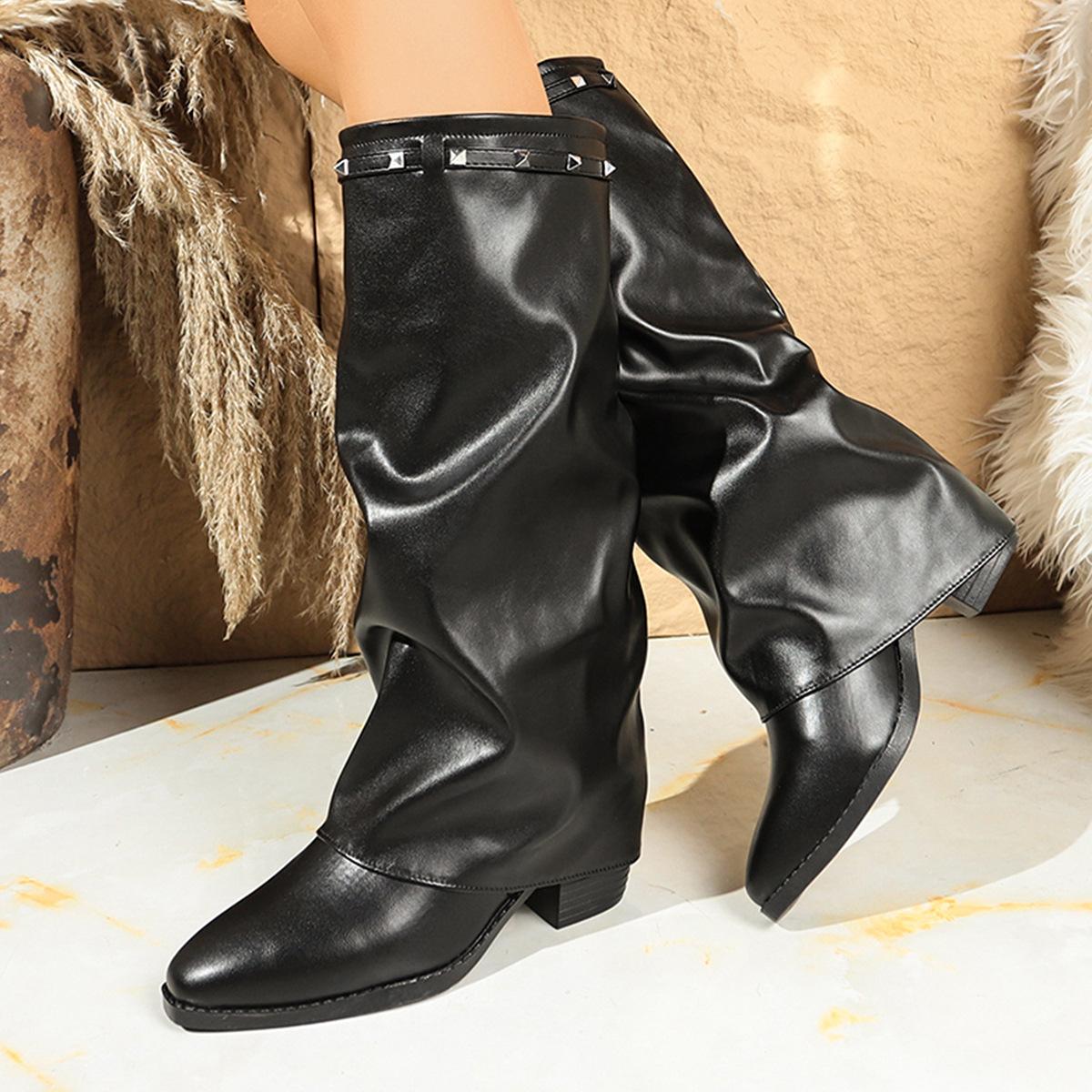 

Knee High Boots Women Fold Over Boots Heel Slouchy Tall Boots Zipper Pointed Toe Dress Fall Long Boot for Women 43