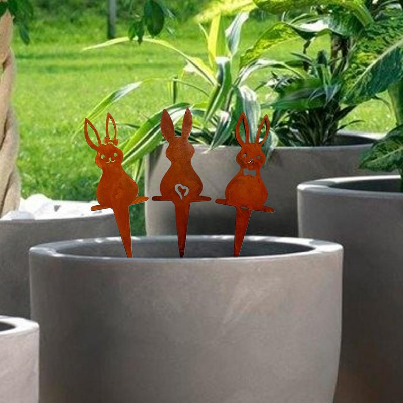 Rusty Bunny Silhouette Yard Art 3X Outdoor Happy Easter Rabbit Yard Sign Iron Animal Ground Inserts Outdoor Animal Stake For