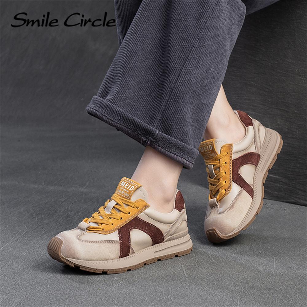 Damen Freizeitschuhe aus echtem Leder mit runder Zehenpartie und Schnürung, modische und bequeme Sneakers