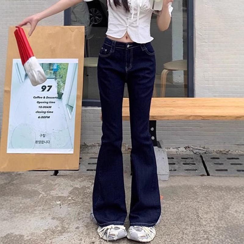 Women's Petite High-Waist Dark Blue Flare Jeans - Retro Washed, Stretchy, Slimming, Long Straight Leg Trend