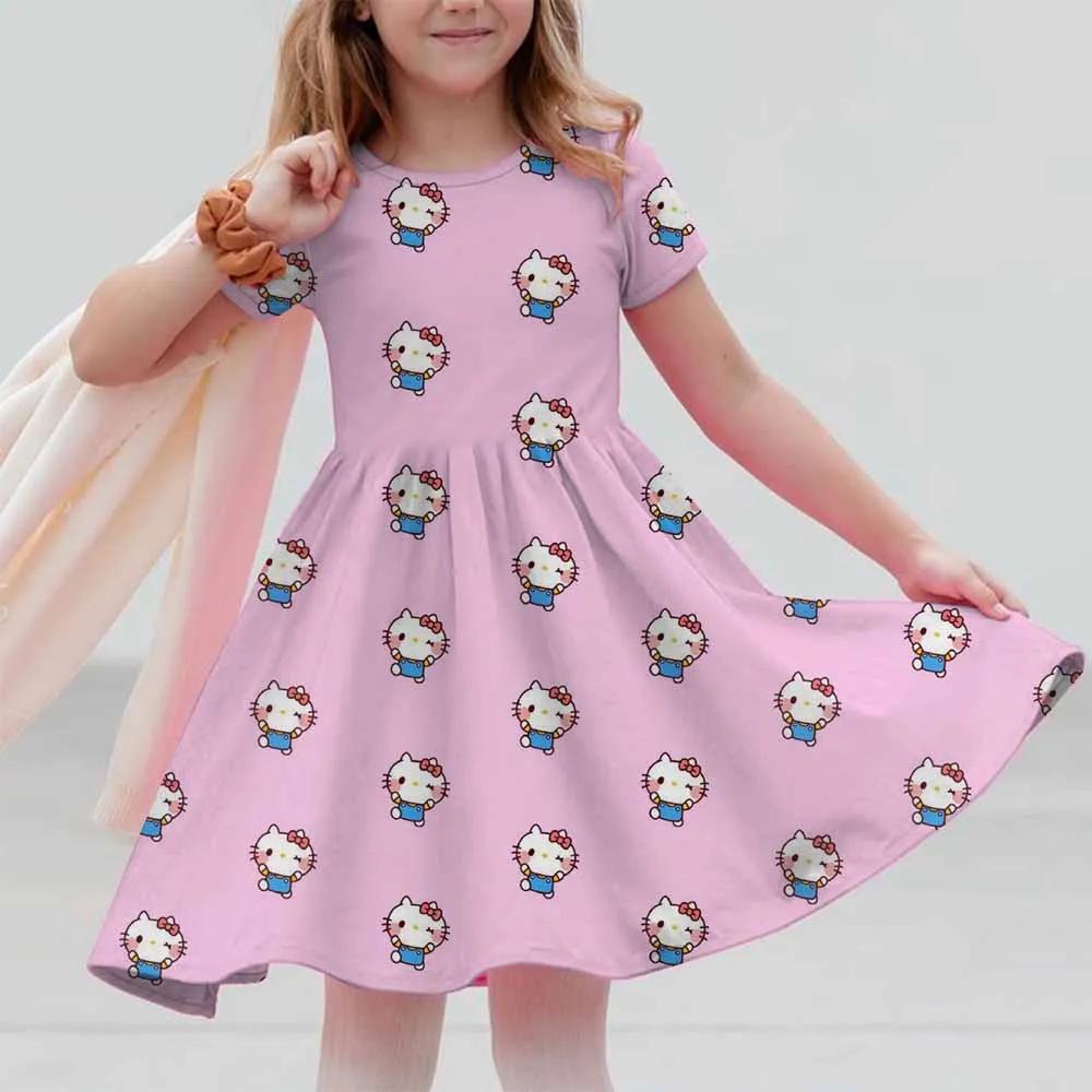 New Summer Dress Fashion Cartoon Cute Hello Kitty 3D Print Dresses Kids Short Sleeve Princess Girls Party Children Clothes
