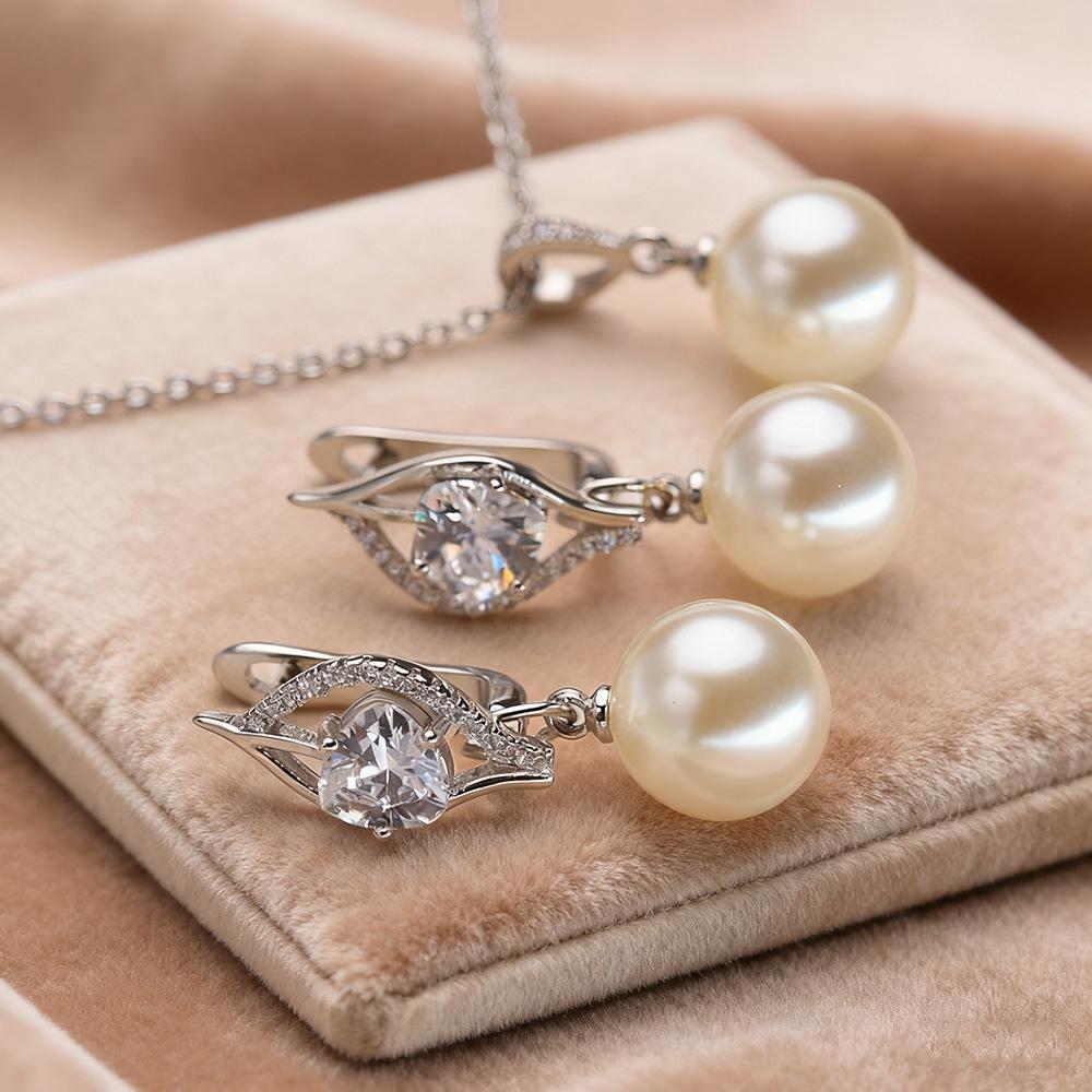 Leaf Imitation Pearl Necklaces Earrings Sets For Women Fashion Flower Cubic Zirconia Pendant with Chain Birhday Gift