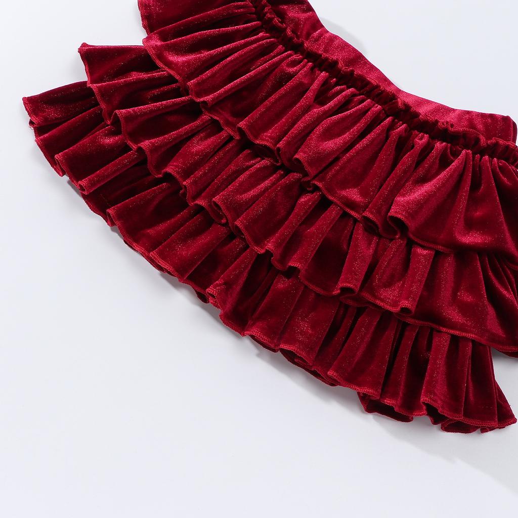 2026 Mädchen Schwarzer Samt Stufenrock Hohe Taille A-Linie Kurz Frühling Ausgestellt Partykleidung Schulkinder Vielseitige Lagenröcke