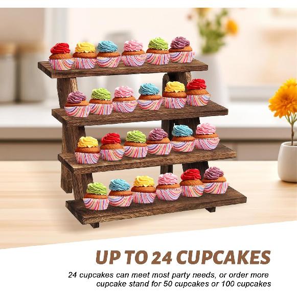 Wooden Cupcake Stand - 4 Tier Cupcake Display Stand, Rustic Tiered Display Stand, Tool Free Installation Cupcake Stand for Baby Shower Decorations