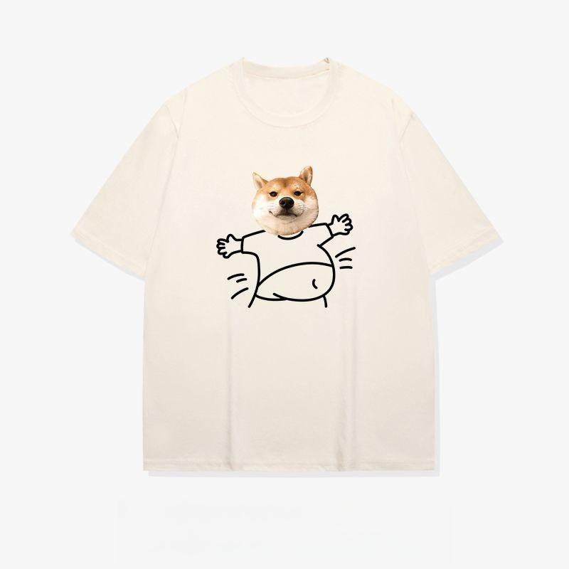 2025 Autumn and Winter Fashionable and Comfortable Cotton T-shirt Big-bellied Dog Print Men's Women's Large-size Couple T-shirt