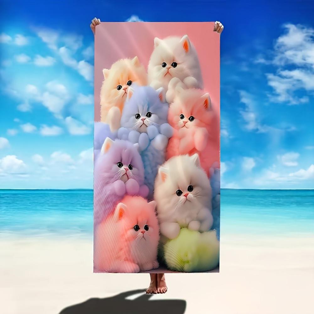 Cute Pastel Fluffy Kitten Print Beach Towel Quick Dry Microfiber Sand Free Absorbent Washable for Summer Pool Travel