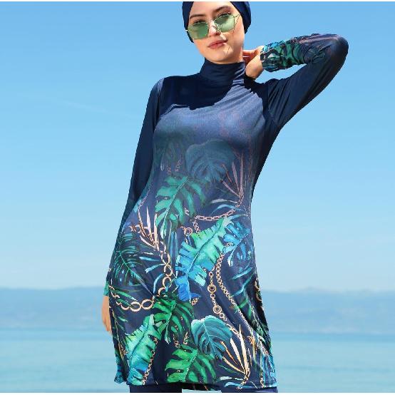 

Комплект мусульманской женской скромной пляжной одежды с золотистым принтом «Банановые листья», купальник с полной защитой, пляжная одежда, комплект купальника буркини (Без платка) 5XL чёрный