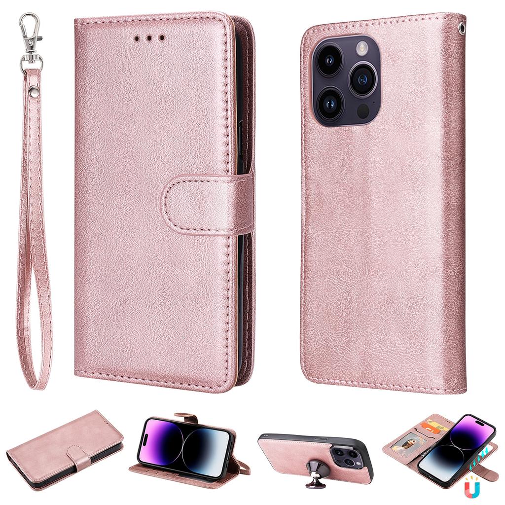 For iPhone 15 Pro Max Case 2 in 1 Detachable Magnetic Leather Wallet Mobile Cover with Strap