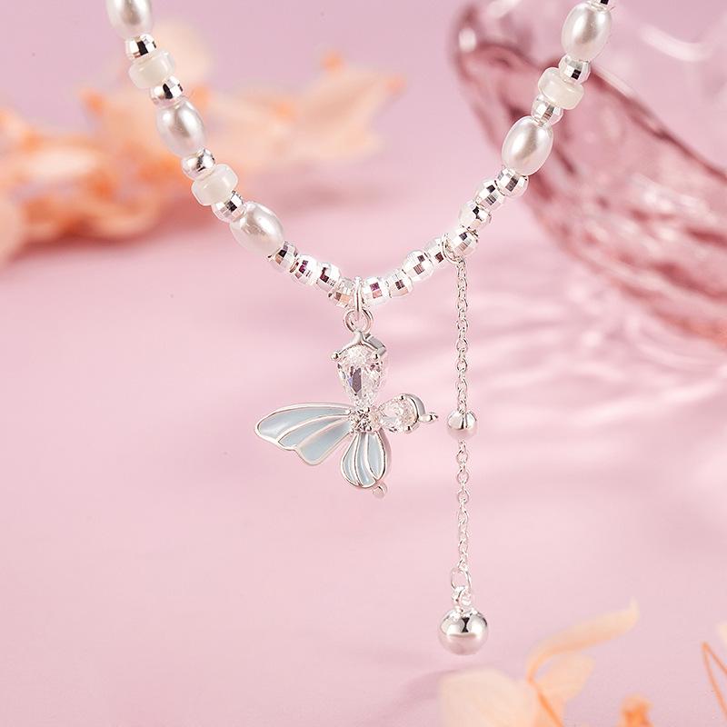 Elegant Silver Blue Butterfly Pearl Necklace for Women - Luxury Cool Collarbone Chain Jewelry Copper