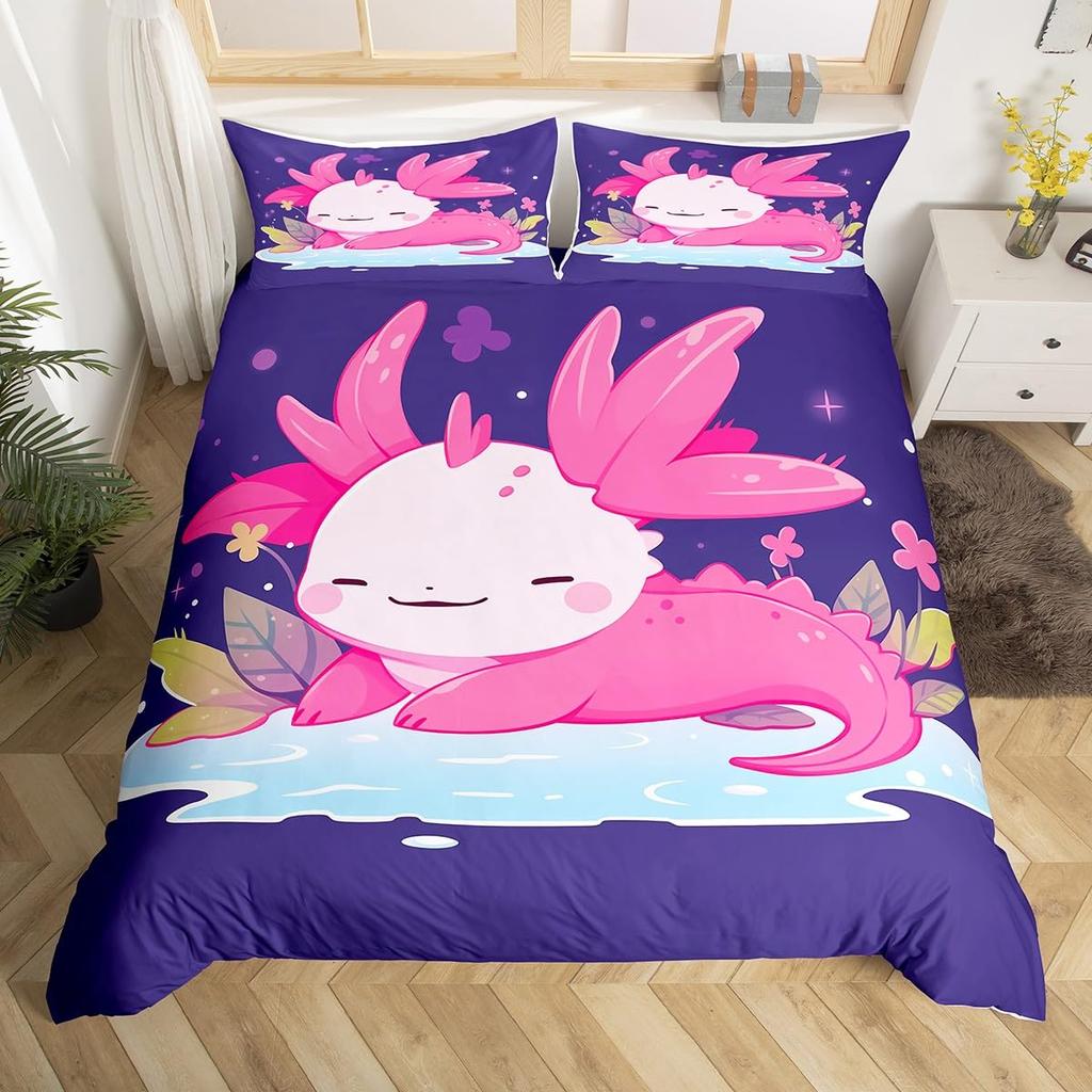 Cartoon Axolotl Duvet Cover Queen Twin Size Salamander Bedding Set for Kids Boys Girls Kawaii Sealife Creature Comforter Cover