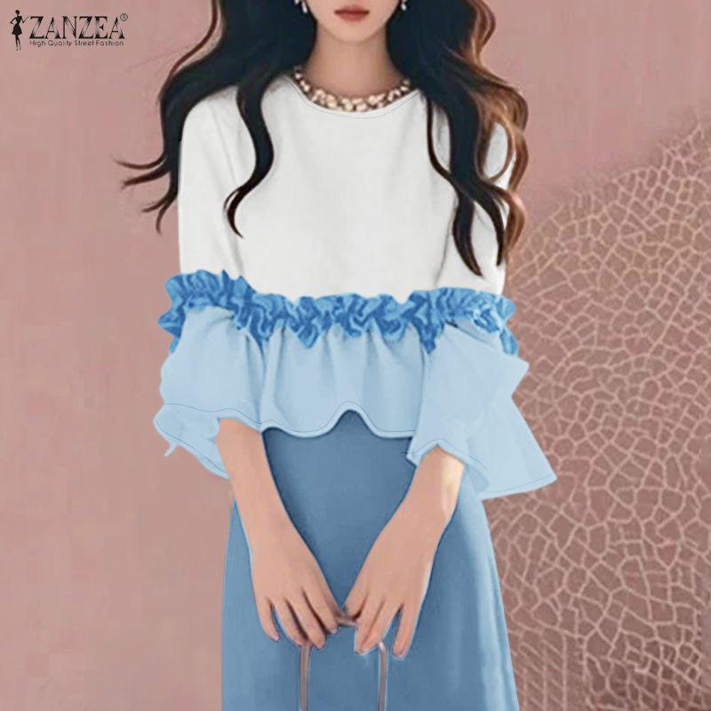 ZANZEA Damen Rundhals Patchwork 3/4 Ärmel Freizeitbluse