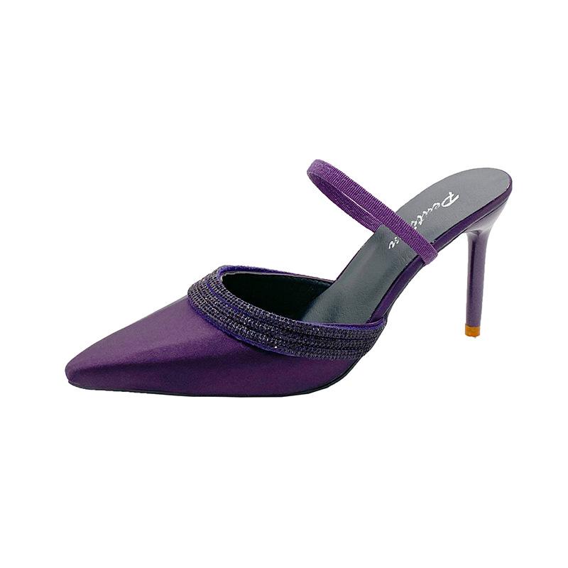 Spring and Autumn 2025 New Pointed Purple Thin Heels High Heels Women's Shallow Mouth Rhinestone One Word with Satin Half Slippers Sandals