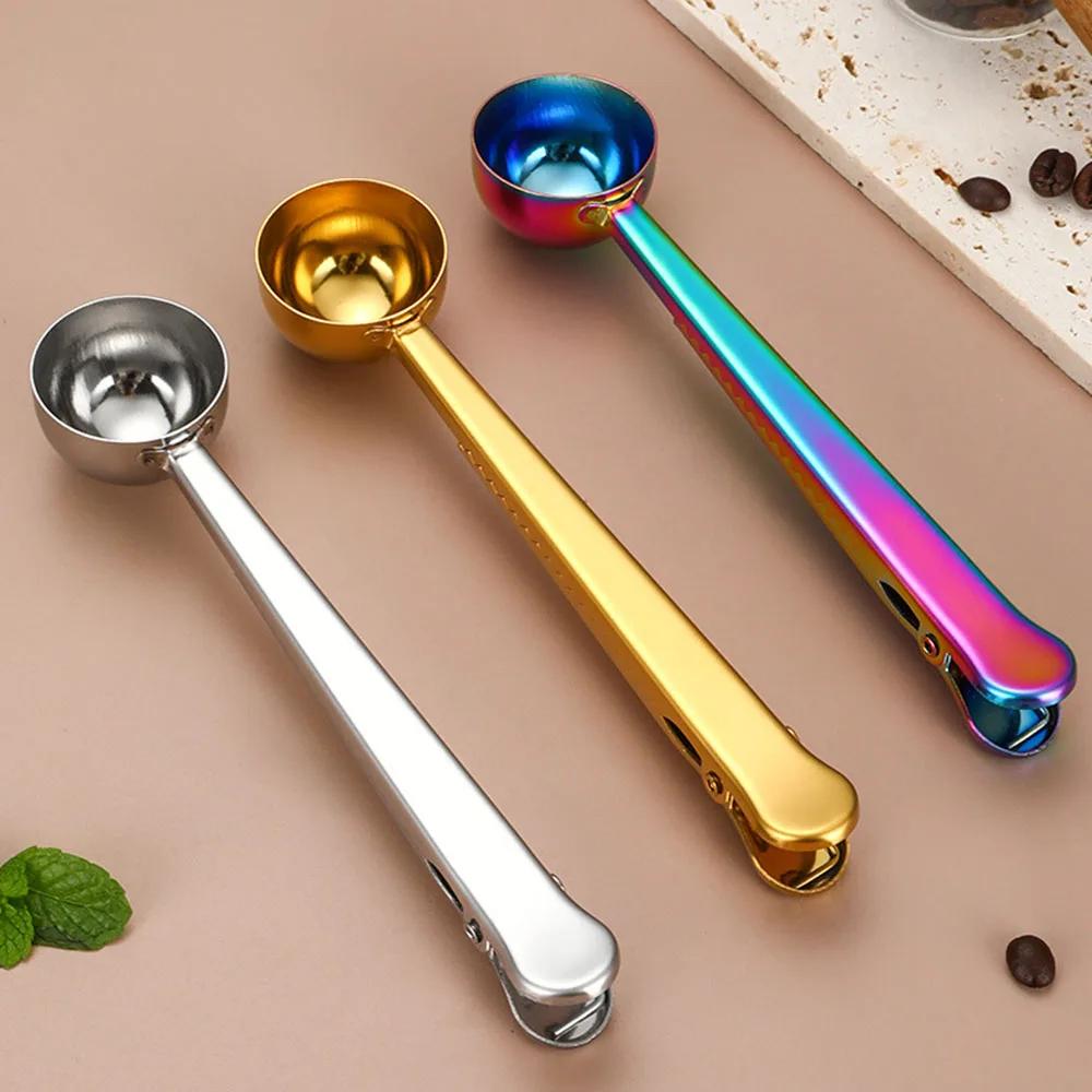 Cucchiaino da Caffè Creativo 2 in 1 da 5ml in Acciaio Inossidabile Multifunzionale con Clip Ermetica Cucchiaino Misurino da Cucina per Caffè