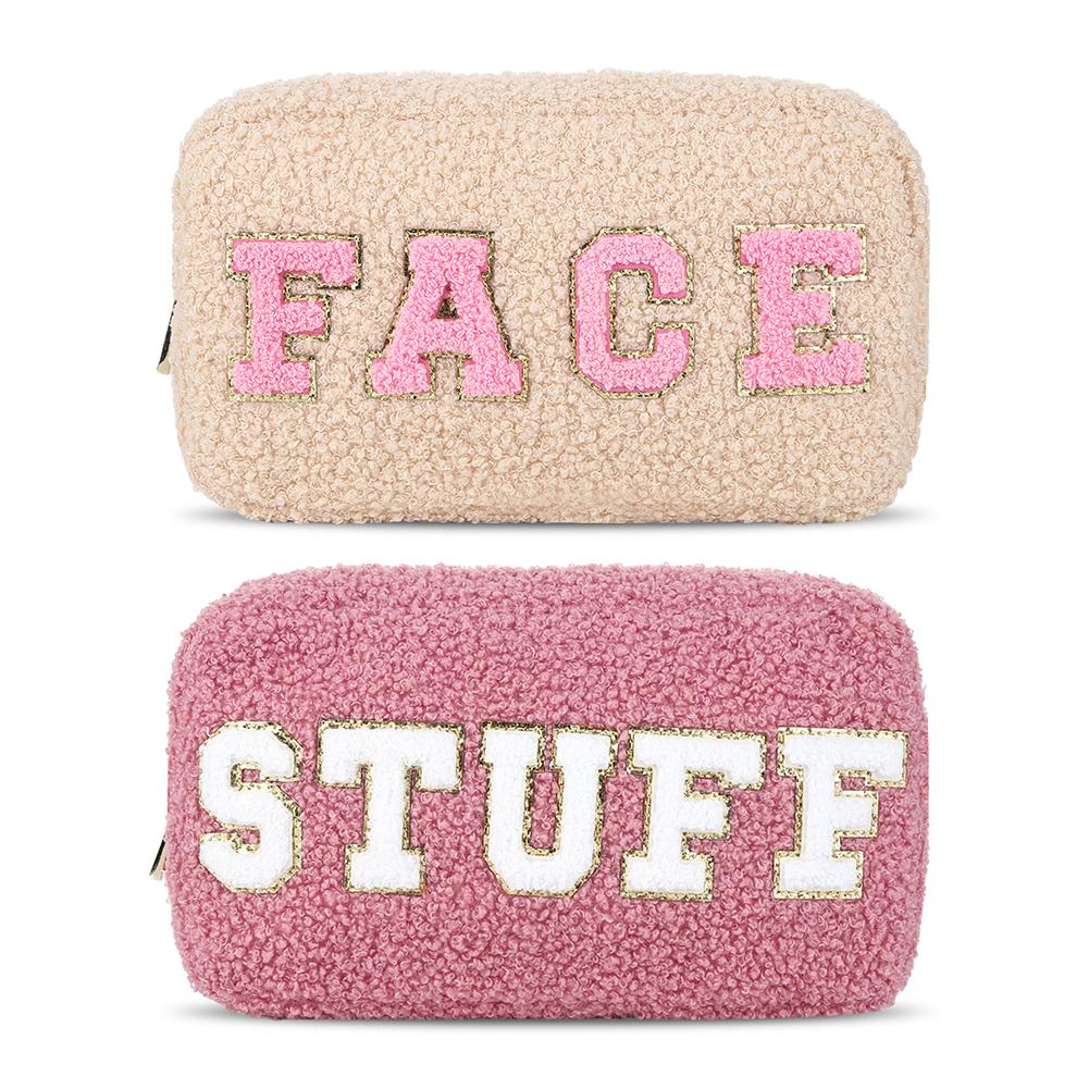 

2 Pcs Makeup Bag Preppy Patch Portable Cosmetic Bag Fuzzy Toiletry Bag for Women