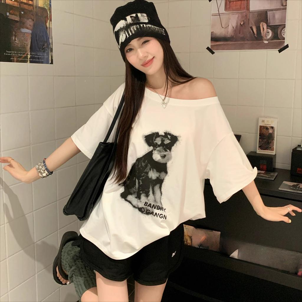harajuku Women T-shirts summer short Sleeve Slanted collar casual loose vintage cartoon print loose t shirt Ladies white y2k Tops Clothes