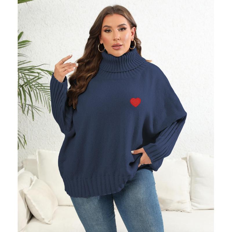 

Heart Sticker Women s Top Plus Size Solid Color High Neck Knitted Sweater Loose Pullover Sweater 3XL синій