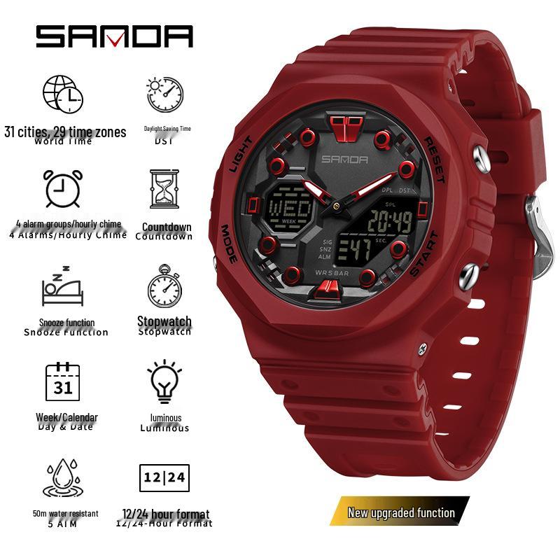 SANDA Multi-Functional Waterproof Sports Watch with Alarm  Stopwatch красный
