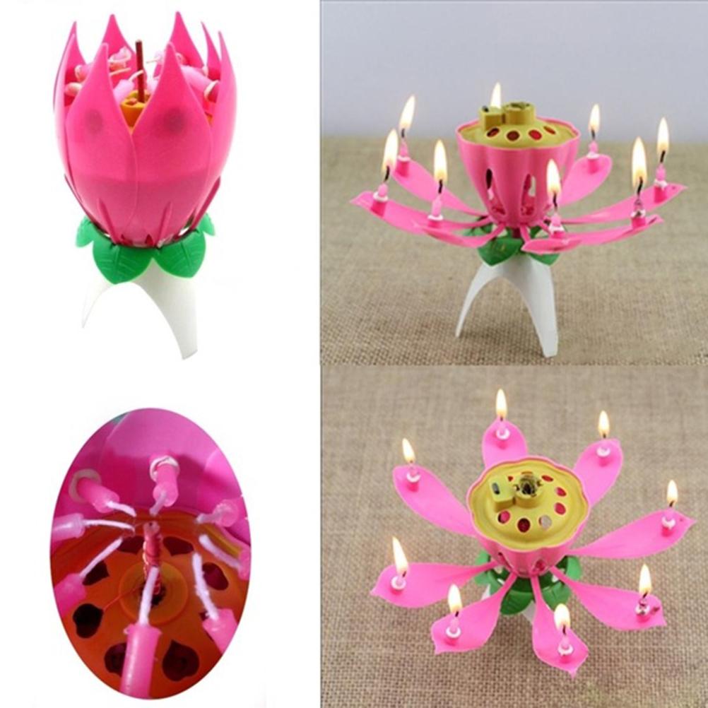 Romantická hudební kvetoucí lotosová květina rotující narozeninová svíčka dvouvrstvá rotující svíčka