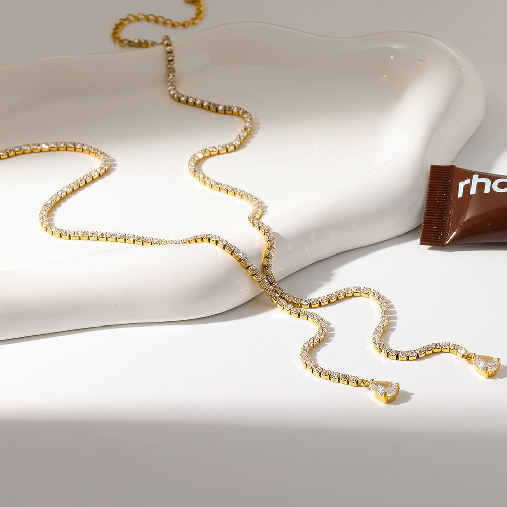 European and American plated 18K gold water drop zircon fringed pendant tennis chain stainless steel jewelry niche design necklace