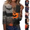 Womens Halloween Print V Neck Button Front 3 Quarter Sleeve Casual T Shirt Top Split Design Lightweight Blouse