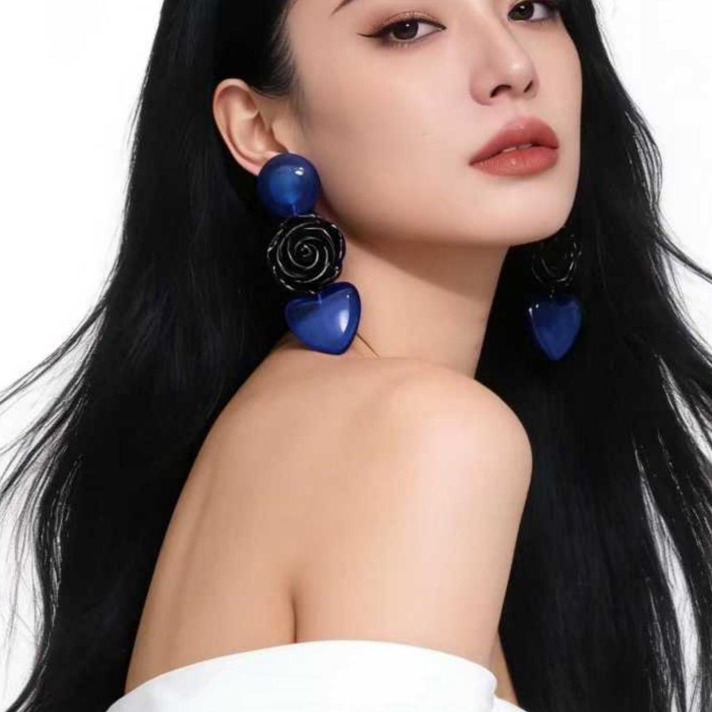 Vintage Dark Blue Heart Rose Long Dangle Earrings - Retro Fashionable Women's Studs