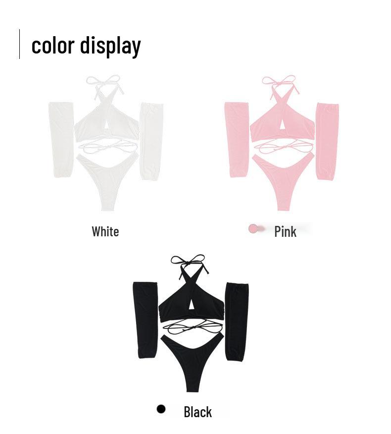 Damen Dreiteiliger Langarm-Bikini-Set - Gestreifter und Einfarbiger Badeanzug