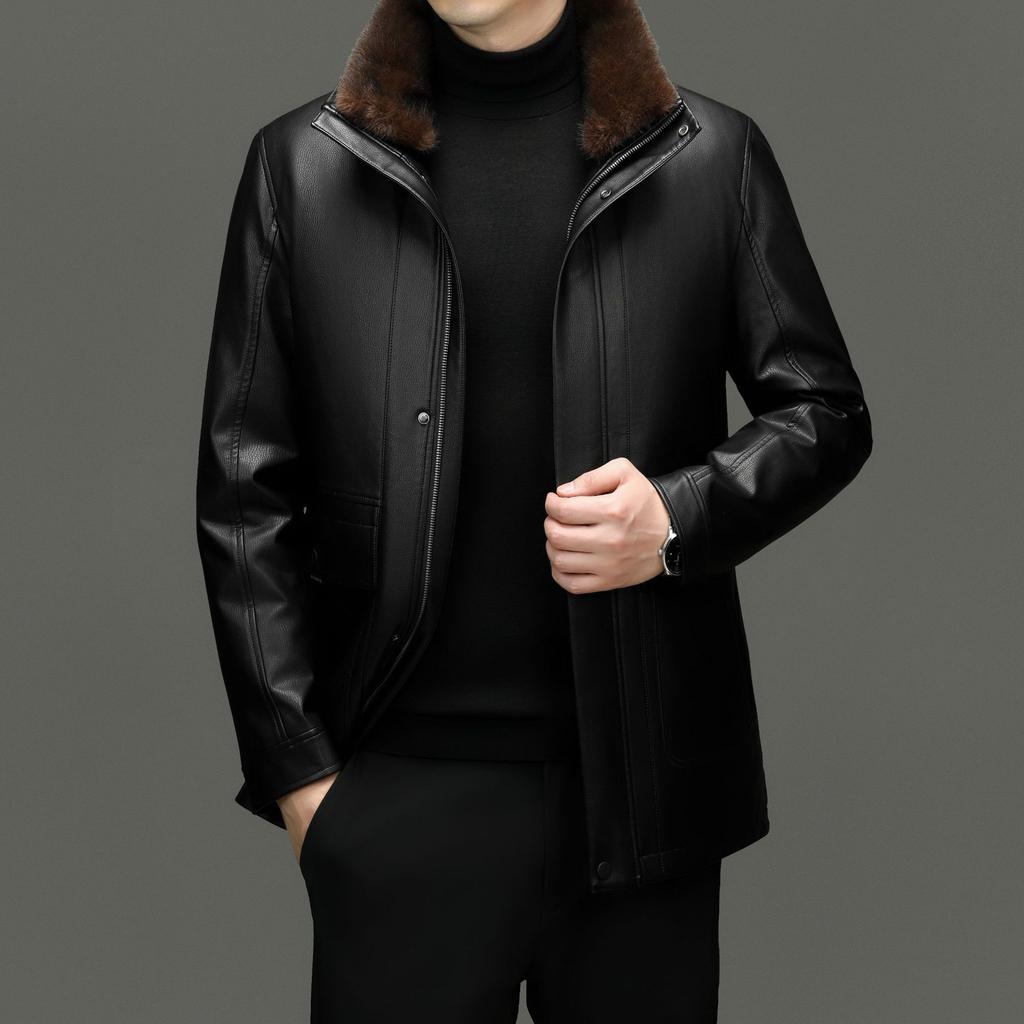 Herrenmantel aus Schaffell Herbst und Winter Mittelalterlich Lässig Revers Echtleder Mittellang Plus Samt