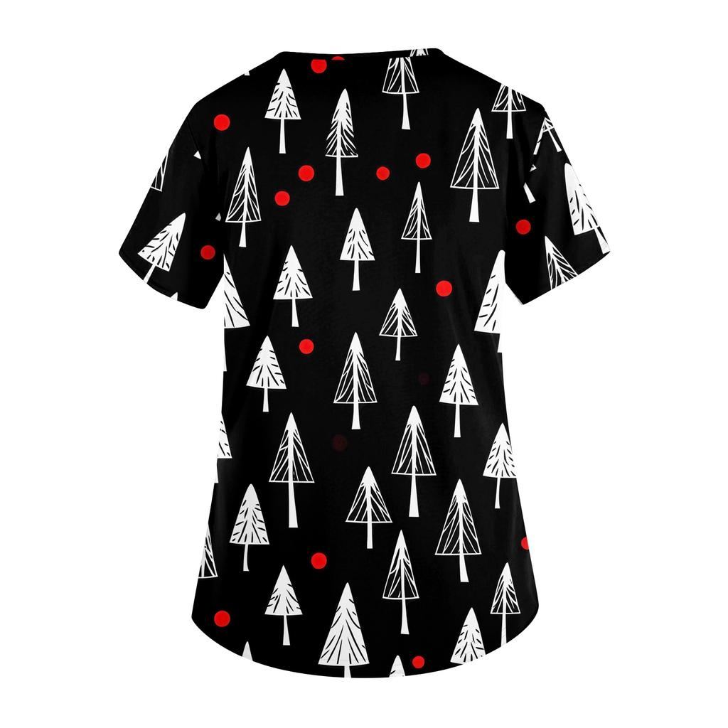 Women's Fashion V-neck Short Sleeve Workwear With Pockets Christmas Printed Tops