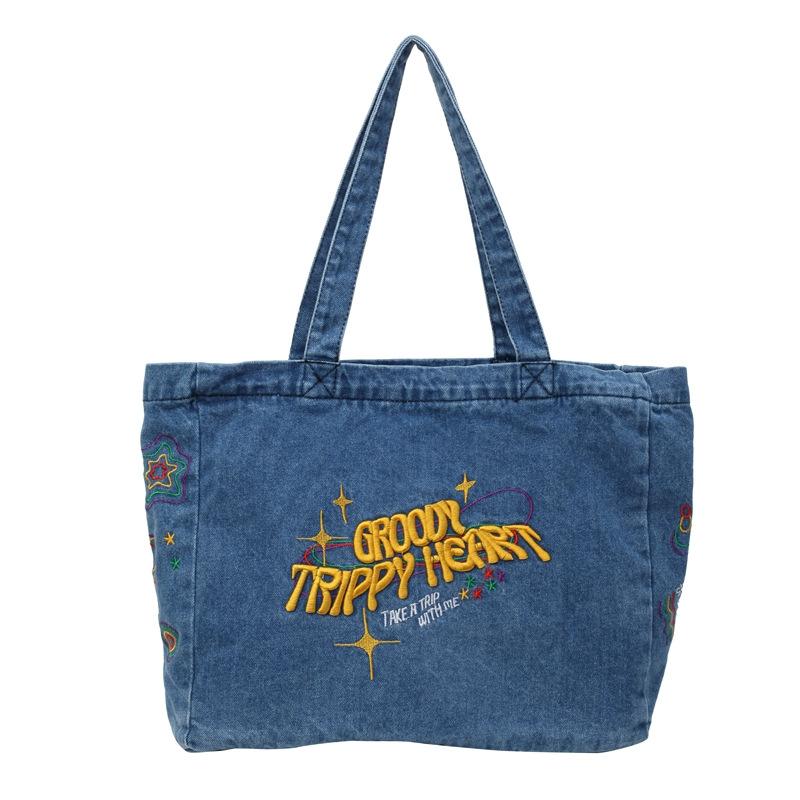 Большая сумка с вышивкой, большая вместительная сумка через плечо, сумка-мессенджер, студенческая джинсовая сумка через плечо светло-синий