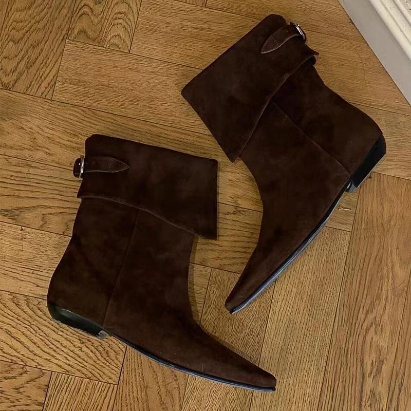 Sheepskin Edition~ Niche Chelsea Boots Skinny Boots Women's Short Boots Autumn and Winter Flat Bottom Square Head Western Cowboy Boots