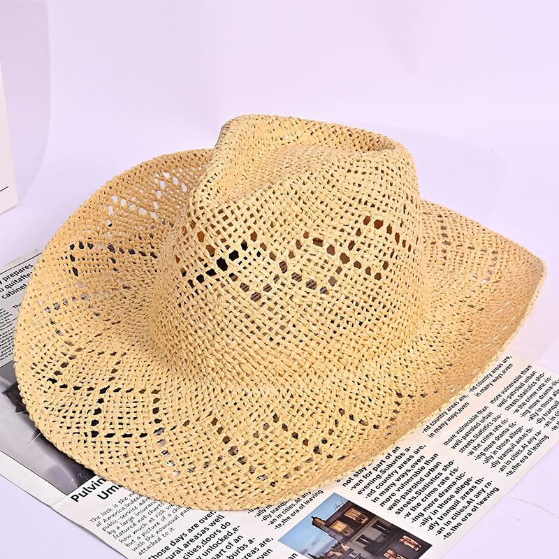 

Летняя солнцезащитная шляпа для пляжа, женская полая шляпа от солнца, плетеная вручную соломенная шляпа, ретро ковбойская шляпа в западном стиле Average size