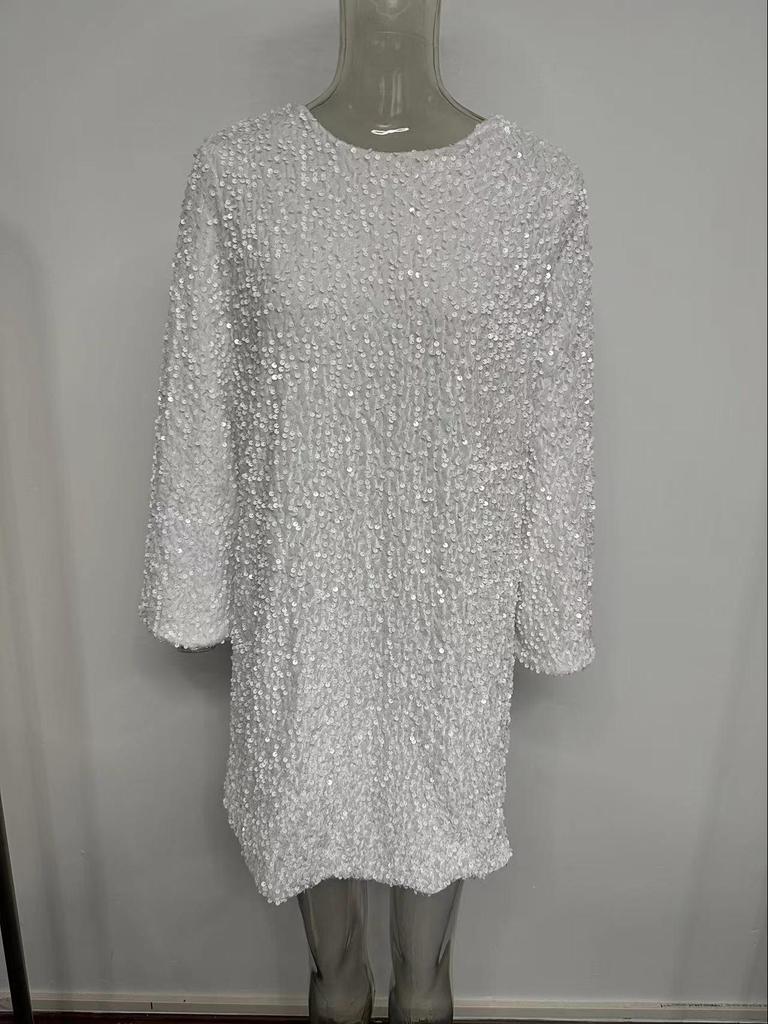 2024 Spring Women's Sequin Round Neck Long Sleeve Loose Fit Short Dress