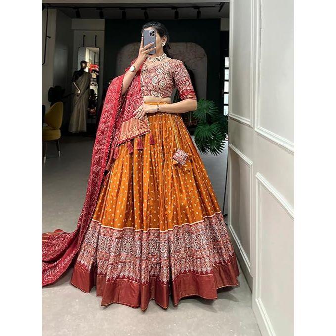 Woman's Perfectly  Collection Tussar Silk Lehenga Choli Patola Print with Foil Work ,Unstiched Blouse,