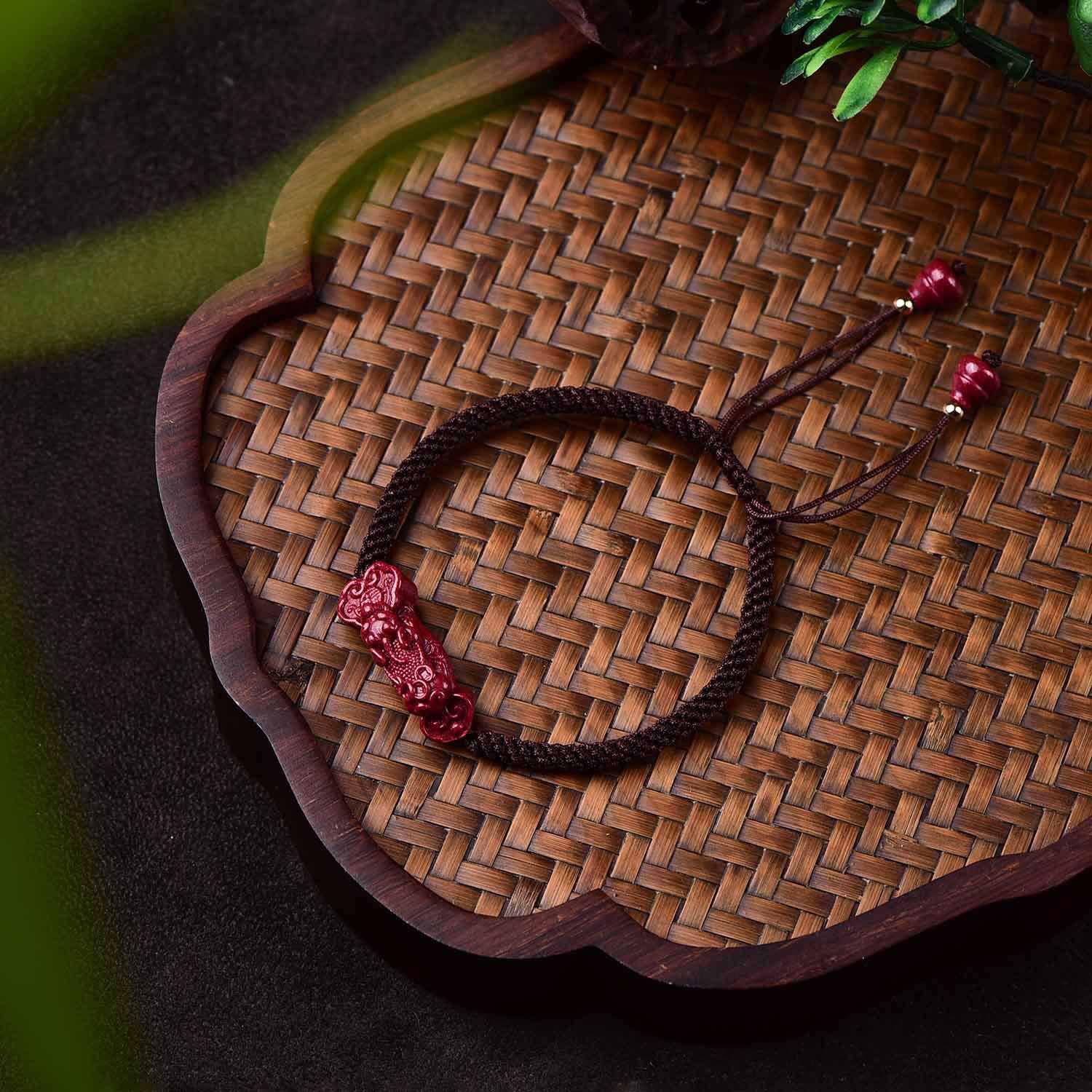 Pixiu Wealth-Attracting Black Rope Cinnabar Handmade Bracelet  Pendant Lanyard