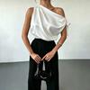 Dames Blouse Schuine Schouder Asymmetrisch Off-Shoulder Strik Blouse Casual Kantoorstijl Losse Pasvorm Satijnen Tops Dagelijkse Kleding