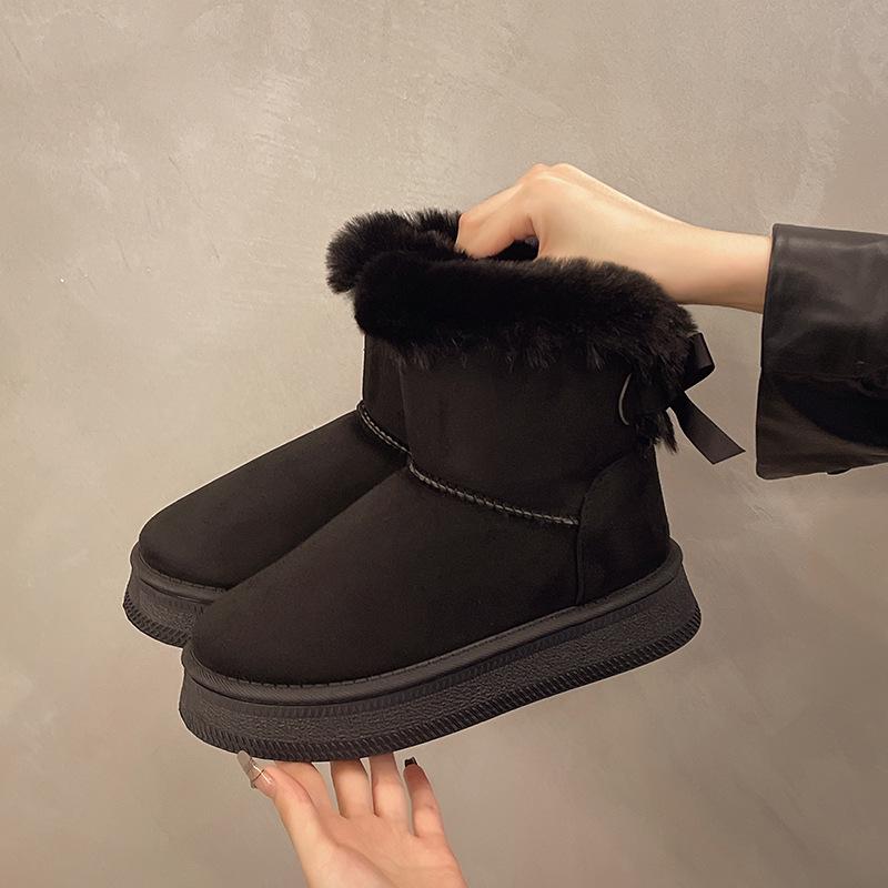 2025 Winter Thick-Soled Fleece-Lined Slip-On Snow Boots with Bow Detail - Warm Plus Size