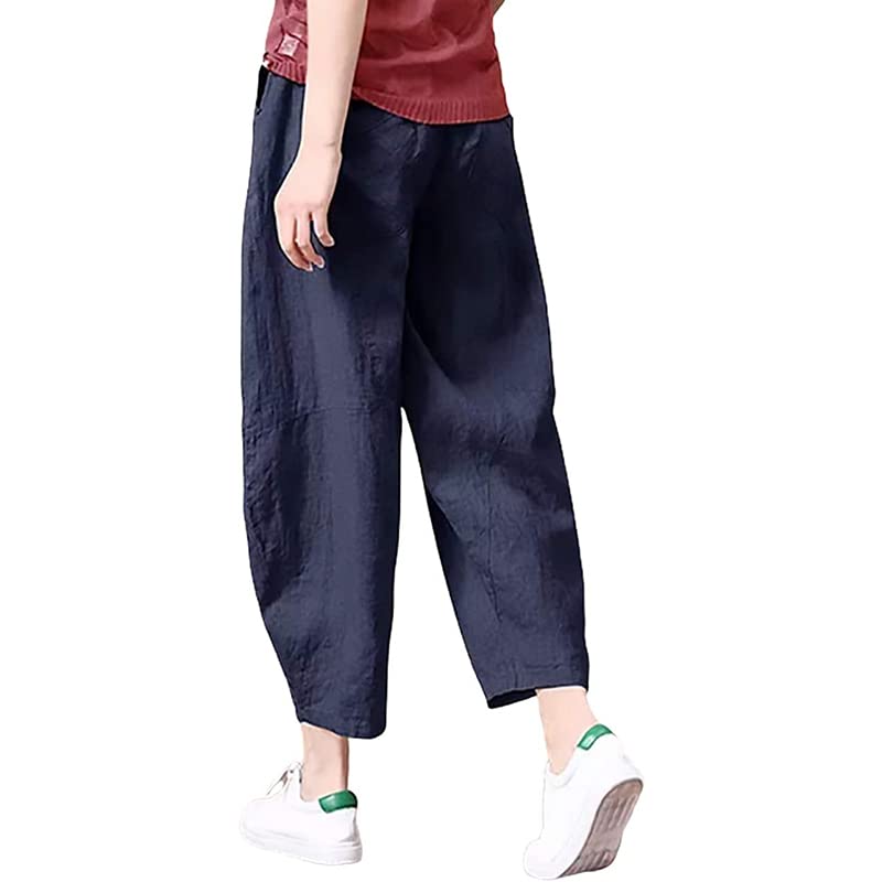 Cotton Harem Loose Solid Casual Elastic Summer Cropped Pants navy [JINJUDUO] Women s Pants, Fit, Color, Pants, Waist, (XL, blue)