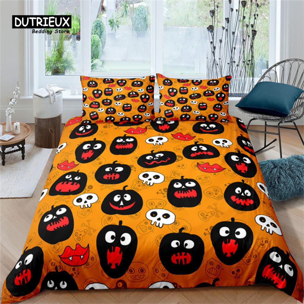 Halloween Bettwäsche Set Cartoon Kürbis Bettbezug Set Mikrofaser Hirsch Geometrischer Druck Bettdeckenbezug mit Kissenbezug Raumdeko