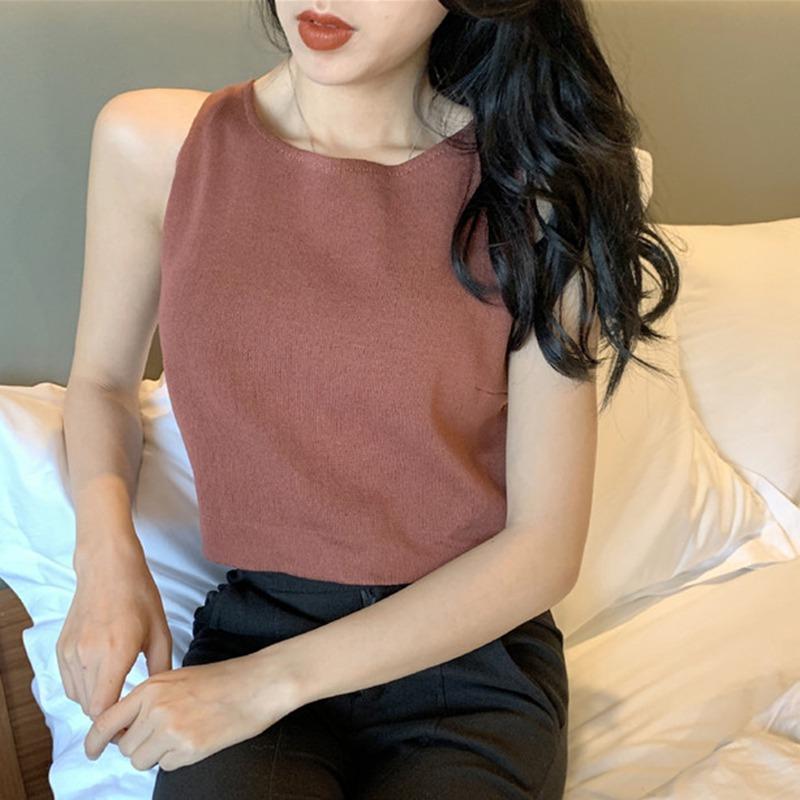 Women's Top Sleeveless O Neck Solid Casual Lace Up Backless Lace Stitching T-Shirt