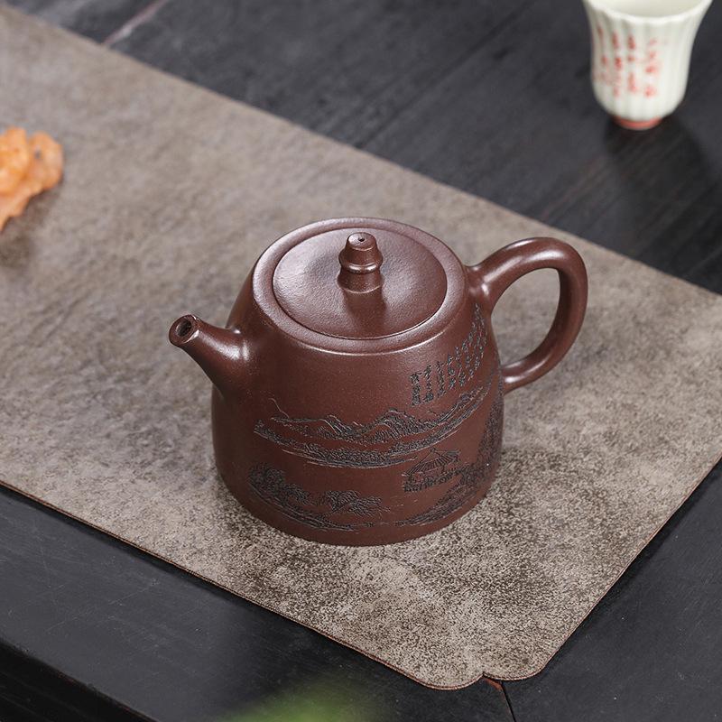 Handmade Yixing Zisha Purple Clay Teapot, Engraved and Painted Han Duo Pot for Gongfu Tea Brewing