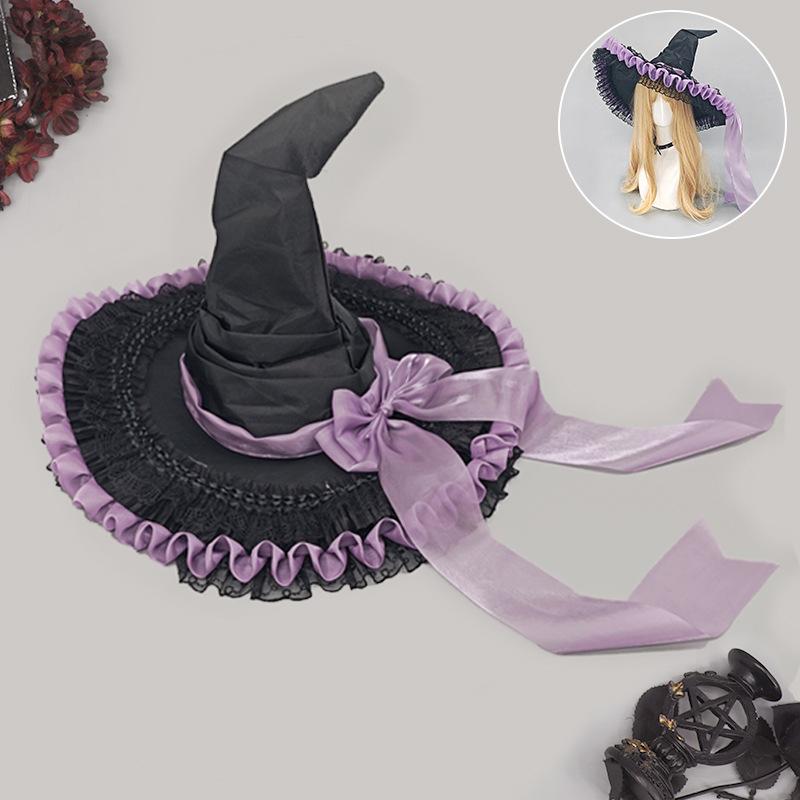 Halloween Dark Lace Witch Hat Cosplay Headpiece for Beach Conventions Subculture Semi-handmade Adjustable Character Wizard Hat
