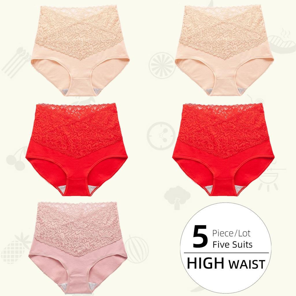 Women High-waist Lace Panties Pure Cotton Crotch Panty Briefs Front and Back Leak-proof Underwear Women‘s Underpants