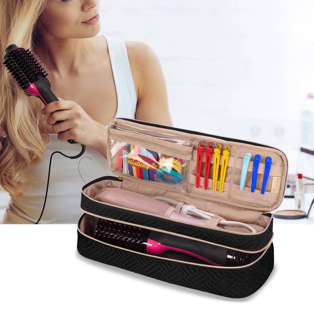 Fasrom Hair Iron Storage Double Hair Dryer Brush Travel Dustproof Black Case, Layer, Storage, Pouch, (Bag Only),
