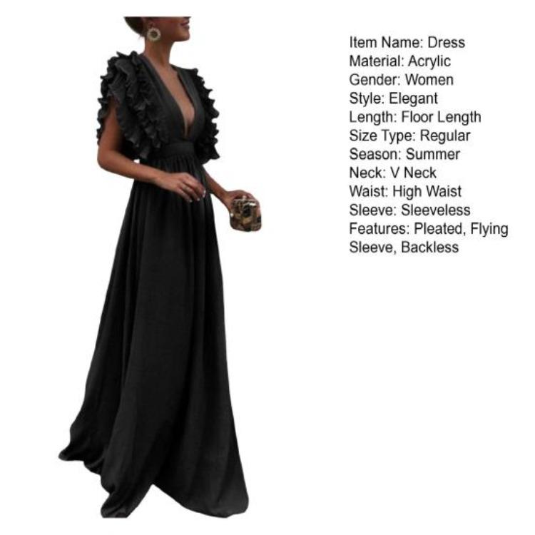 Women Evening Dress Low Cut V Neck Flying Sleeves Ruffled Pleated High Waist Solid Color Floor Length Prom Cocktail Party Formal Elegant